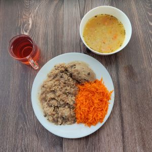 Dieta podstawowa Kapuśniak z kapusty kiszonej Kasza jęczmienna/sypko Zrazik drobiowy z kurczaka pieczony Sos pieczarkowy Surówka z marchwi z olejem Kompot owocowy z jabłkami